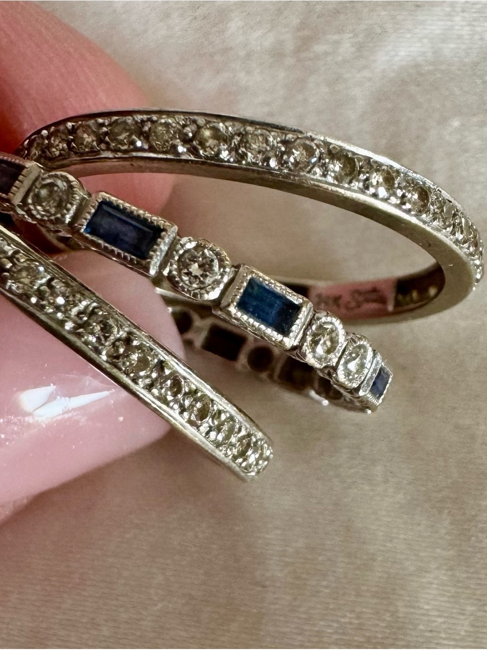 Three Bands: 2 14K White Gold Diamond, one Diamond Sapphire Sterling Band Size 9